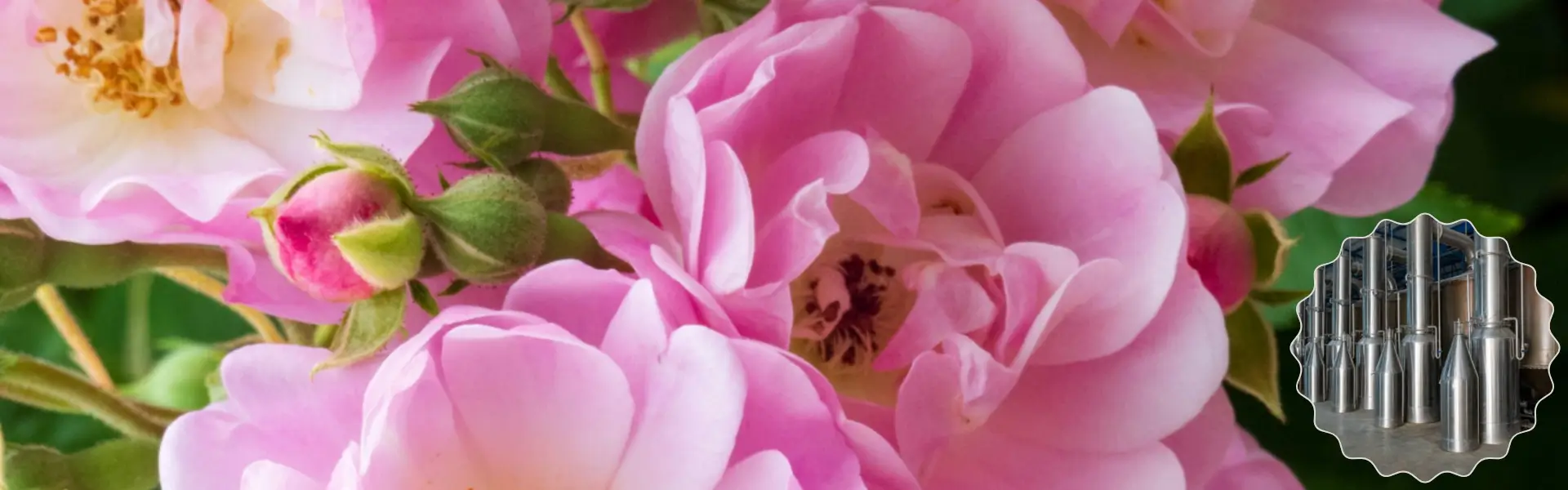 Image of fresh Rosa Damascena (Damask rose) flowers blooming in the field before harvest, used as raw material for natural essential oil production and export to USA and Europe